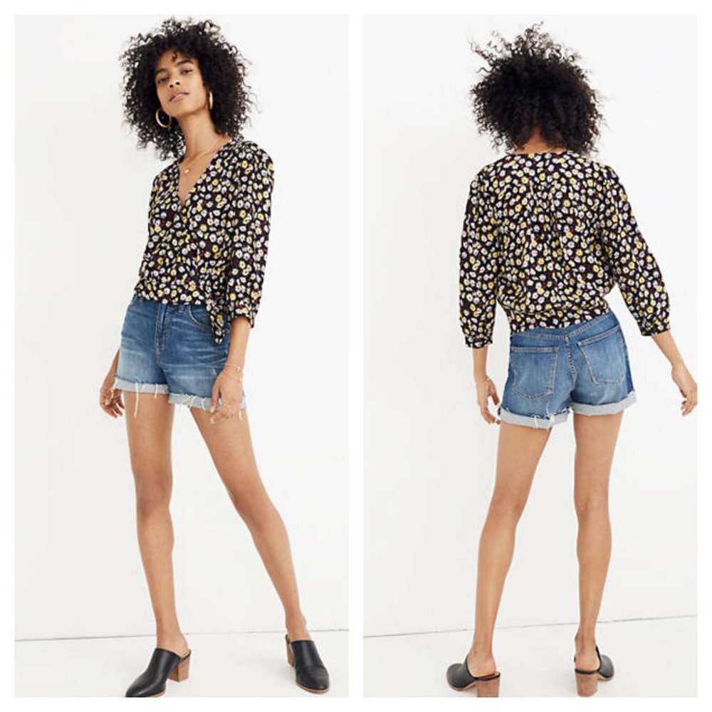 Madewell Black Yellow & White Floral Wrap Blouse Size Small L1553